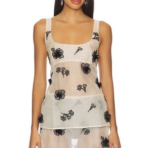 L'Academie Ivory Sheer Chemise with Black Floral Appliqué
